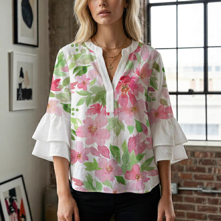 Damen Bluse mit voluminösen Rüschenärmeln und floralem Druck Echo Archiv