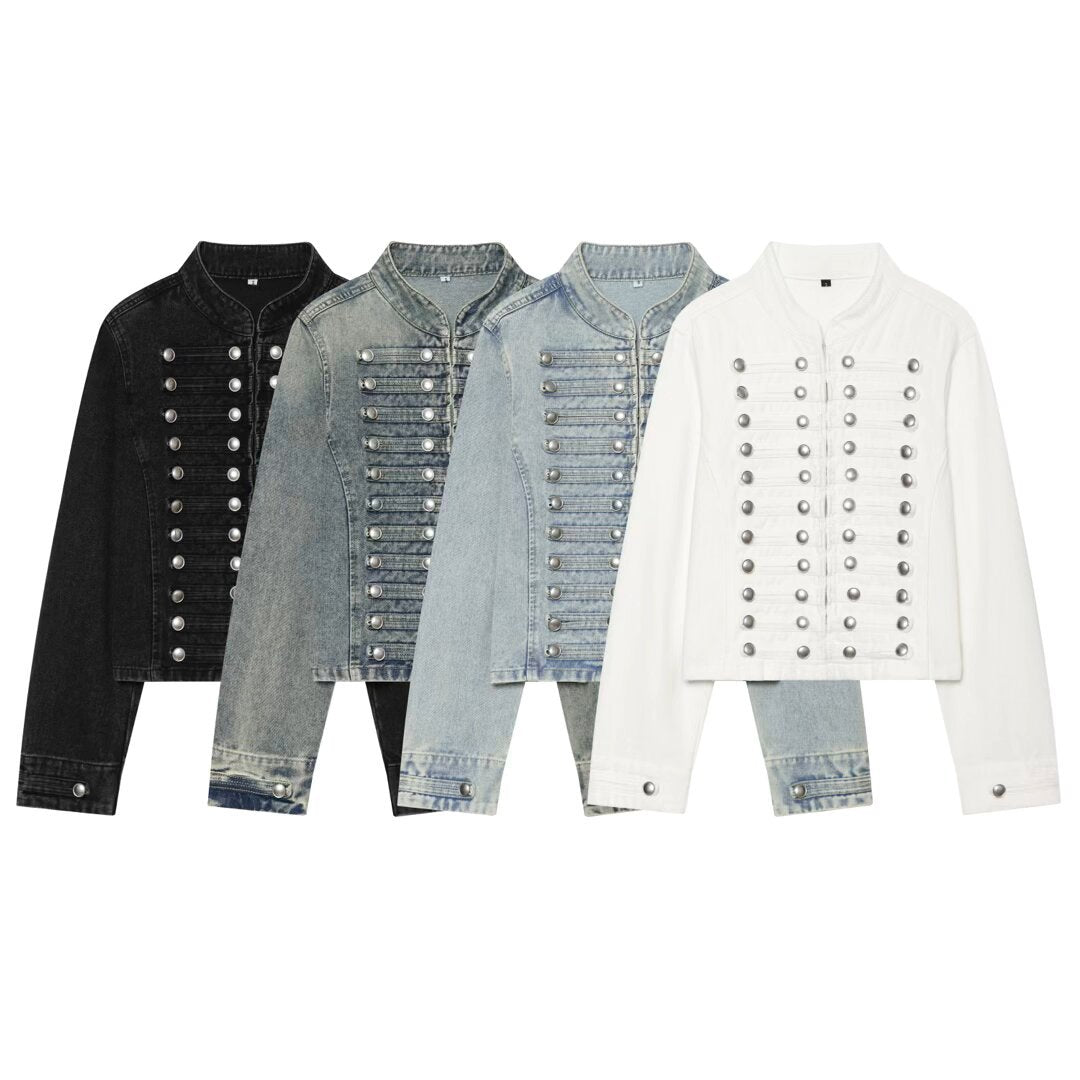 Damen Cropped Denim‑Blouson im Frackstil mit dekorativen Reihenknöpfen Echo Archiv