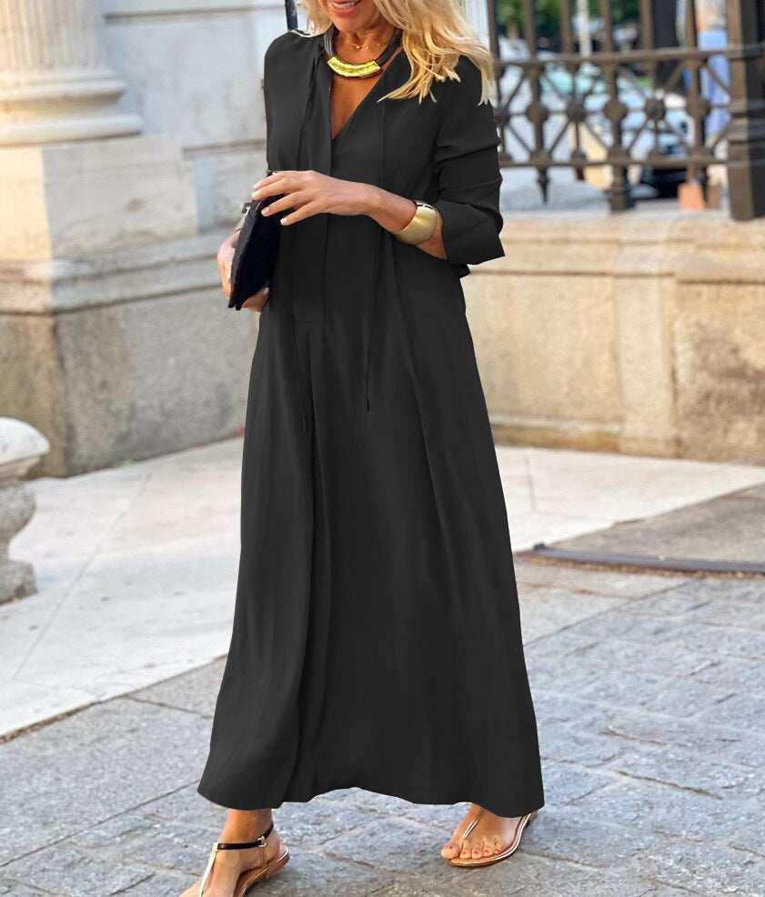Damen Maxikleid mit V-Ausschnitt, Langärmelig, lockere A-Linien‑Silhouette und Kordelzug – Valéora
