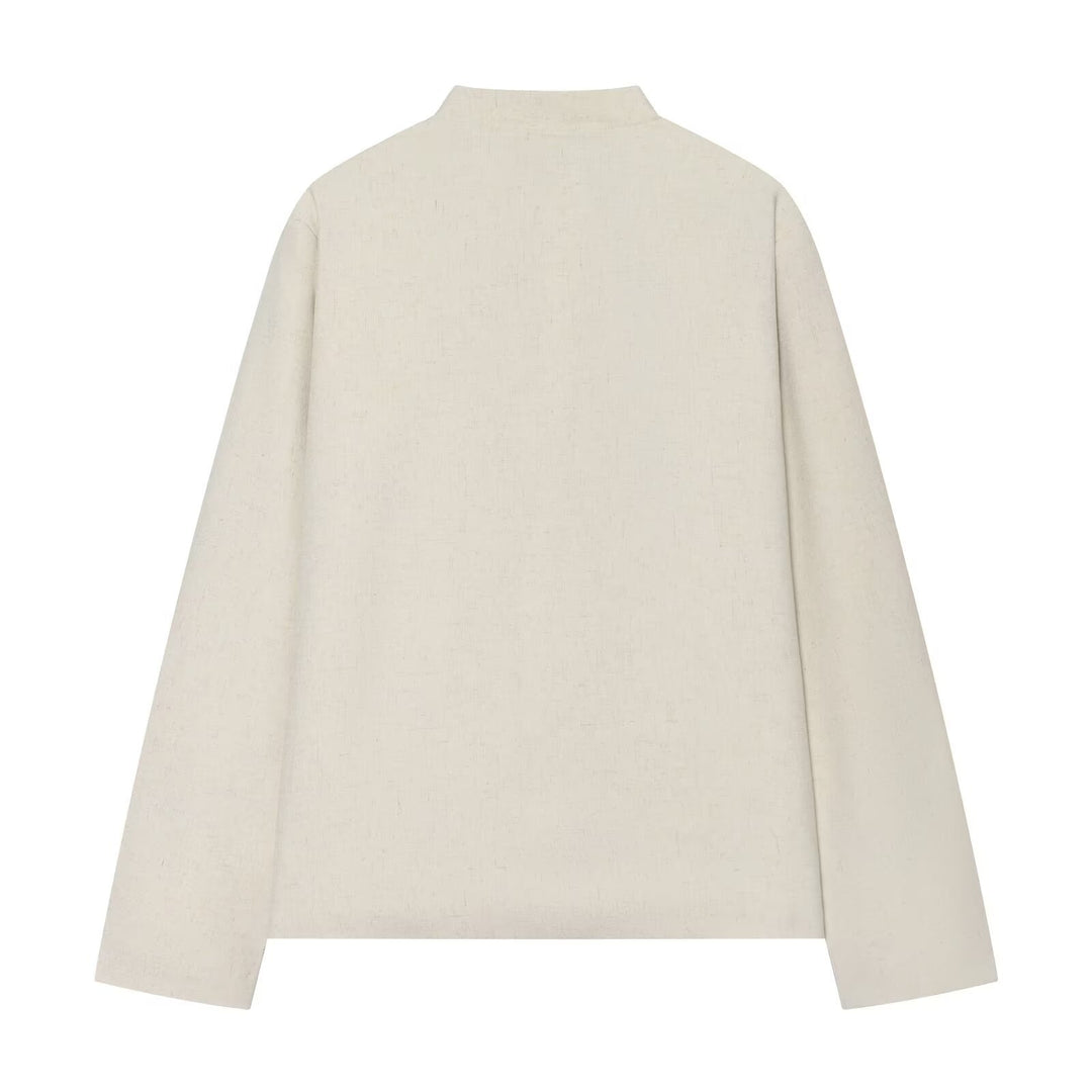 Damen Boxy-Cropped Leinenjacke mit Stehkragen und Froschverschlüssen Echo Archiv