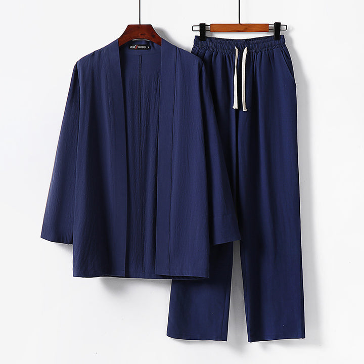 Herren Lockeres Kimono-Loungewear-Set aus leichter Baumwollmischung mit elastischer Kordelhose Echoarchiv