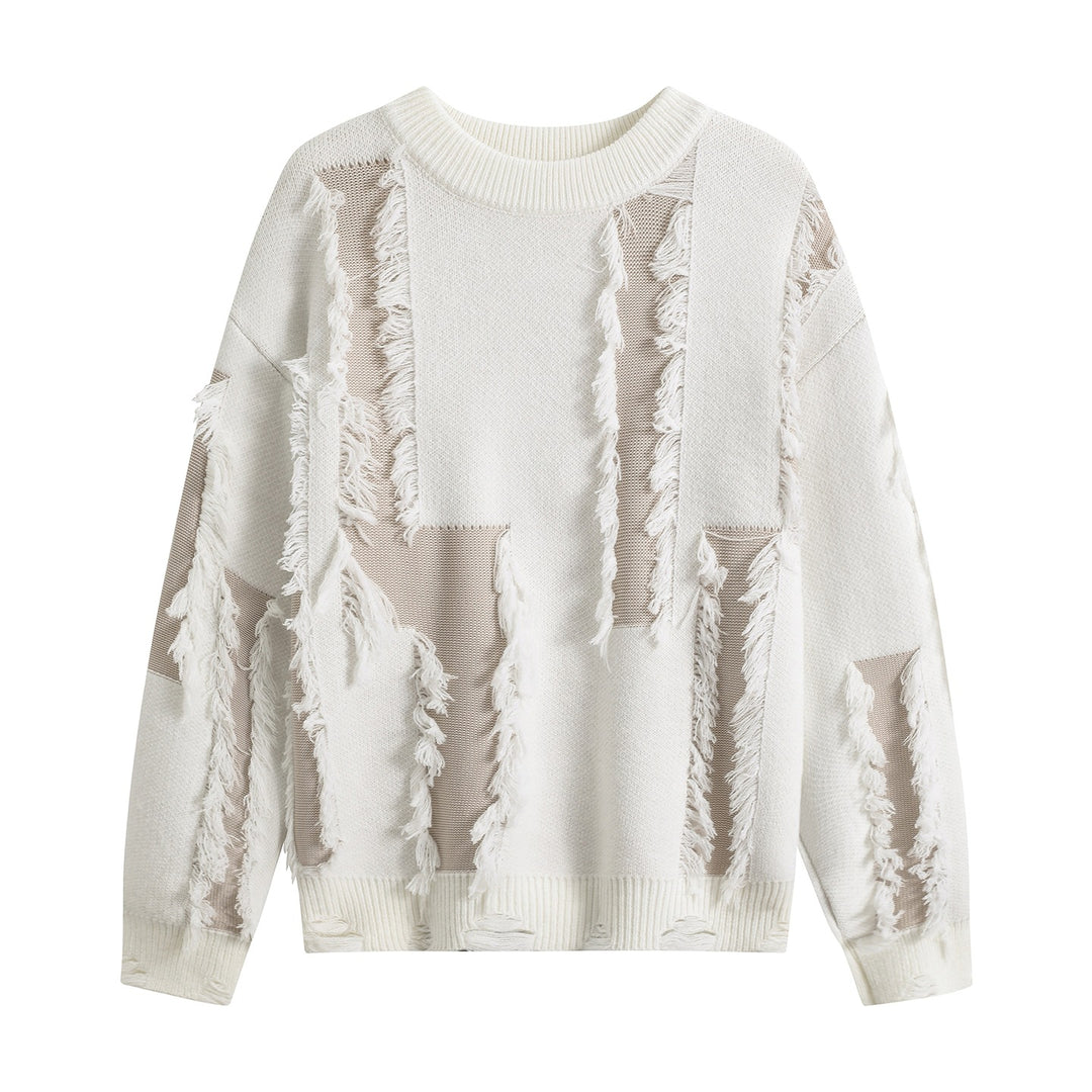 Damen Oversize Strickpullover mit Fransenapplikationen und Destroy-Look Echoarchiv