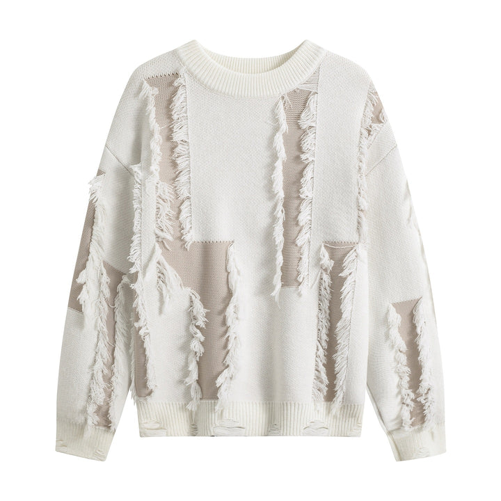 Damen Oversize Strickpullover mit Fransenapplikationen und Destroy-Look Echoarchiv