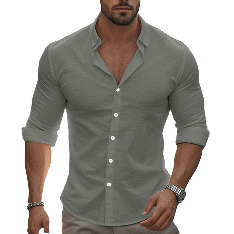Herren nan tailliertes Stretch-Hemd mit Stehkragen, Slim-Fit und aufgerollten Ärmeln Echo Archiv