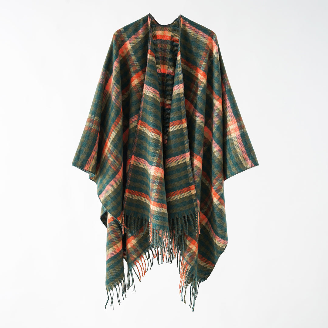 Damen Karierter Wollmix Poncho mit Fransen und offenem Oversize Fall Echo Archiv
