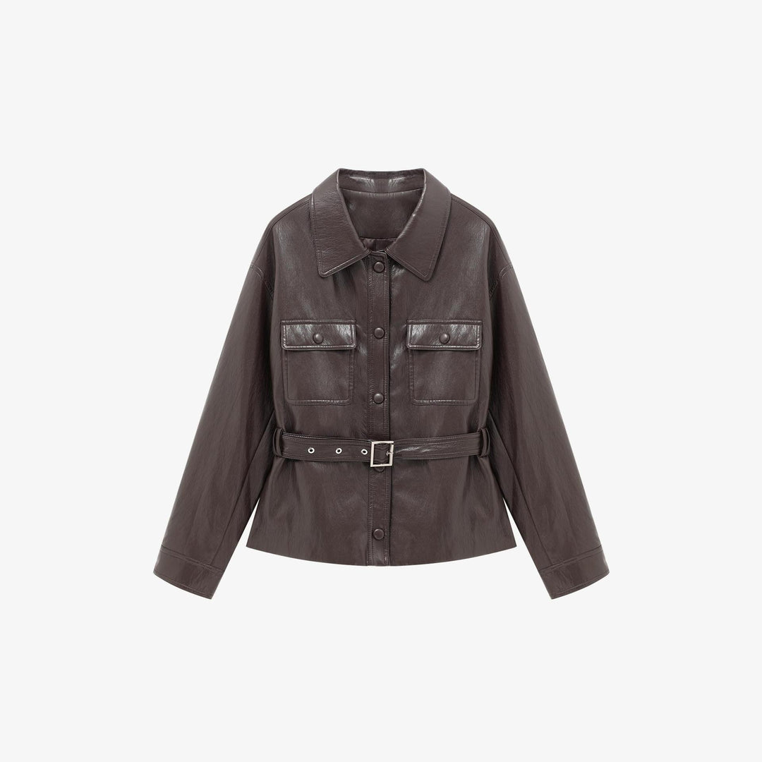 Damen Lederjacke im Oversize-Utility-Stil mit Taillengürtel Echoarchiv