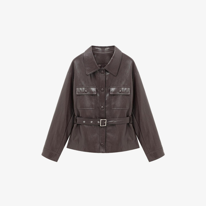 Damen Lederjacke im Oversize-Utility-Stil mit Taillengürtel Echoarchiv