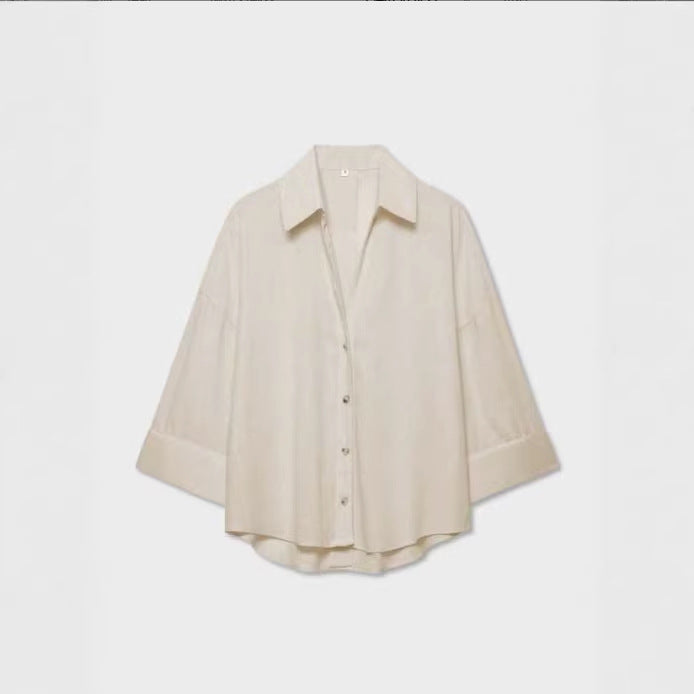 Damen Leichte Oversize Leinenoptik Bluse mit Dreiviertelärmeln und durchgehender Knopfleiste Echoarchiv