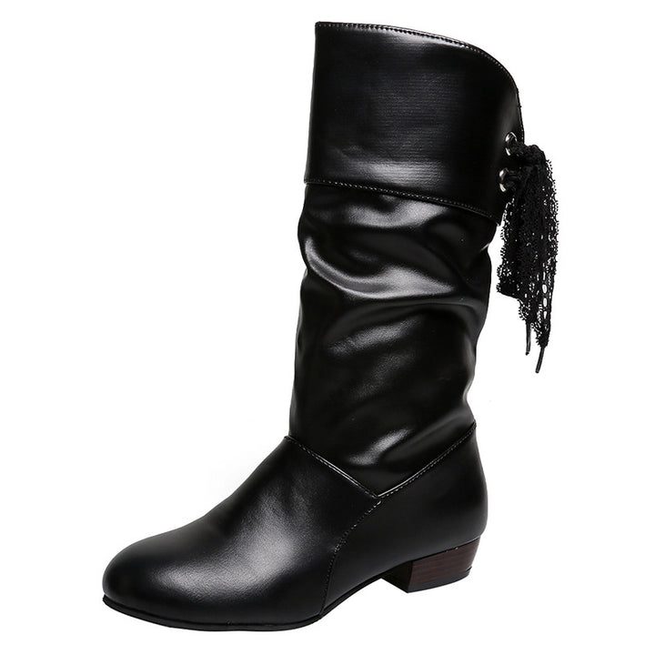 Damen  knielange Stiefel mit rückseitiger Schnürschleife, gerafftem Schaft und flachem Blockabsatz Echo Archiv