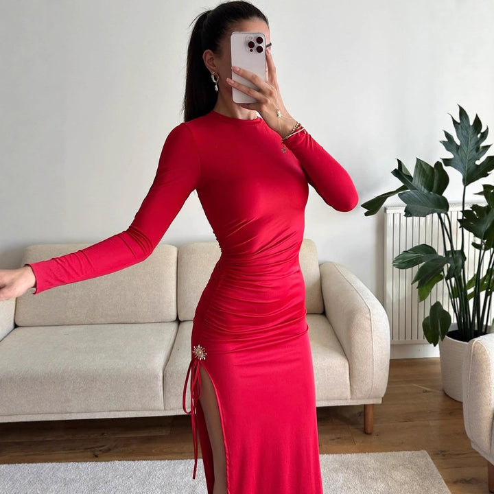 Damen elegantes, figurbetontes Kleid mit Raffungen und hohem Schlitz Echo Archiv