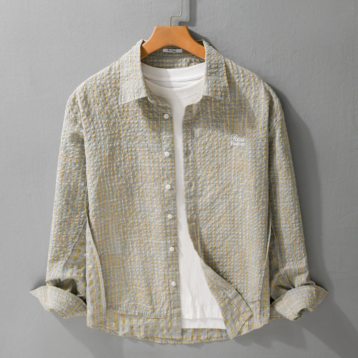 Damen Relaxed-Fit Crinkle-Hemdjacke mit feiner Gingham‑Webstruktur und dezenter Bruststickerei Echoarchiv