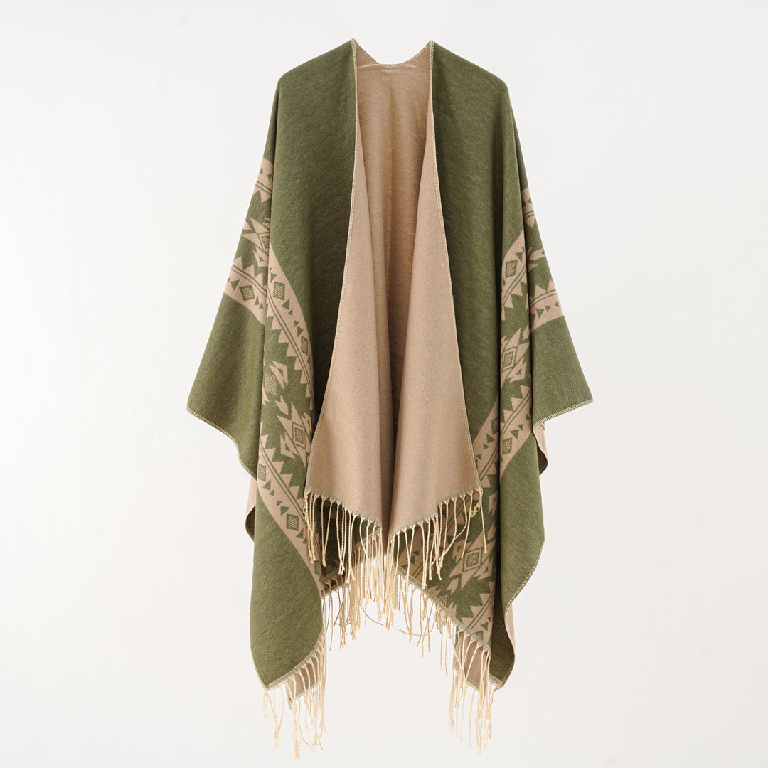 Damen Oversize-Poncho mit Fransen und Jacquardmuster – Avérine