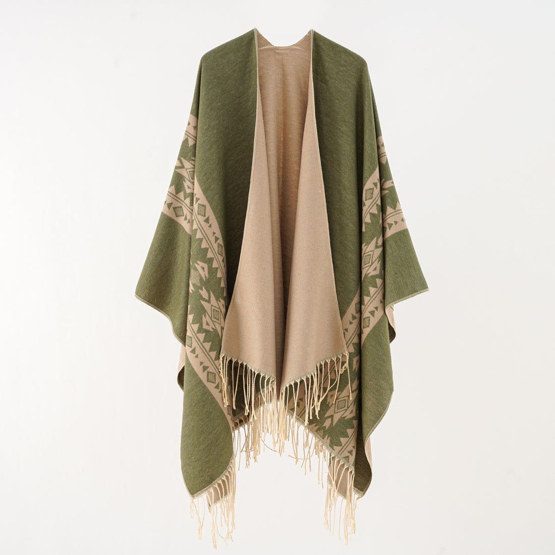 Damen Oversize-Poncho mit Fransen und Jacquardmuster – Avérine