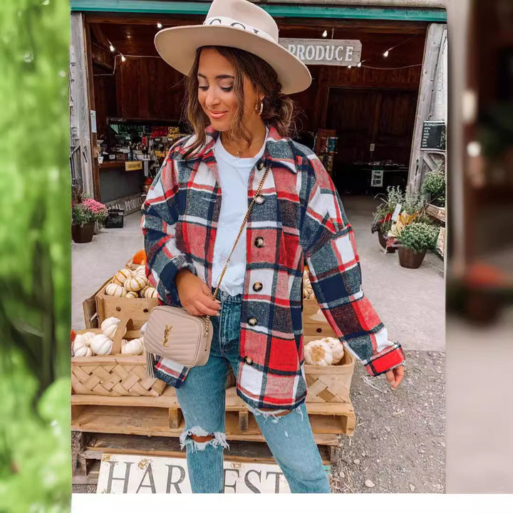 Damen Oversized Kariertes Flanell‑Shacket mit Brusttaschen und Holzknöpfen Echoarchiv