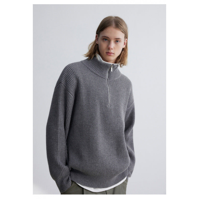 Herren Oversized-Rippenstrick Halbzip-Pullover mit Stehkragen Echoarchiv
