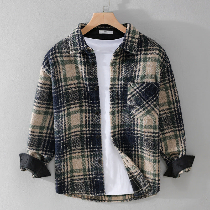 Herren Karierter Overshirt aus Teddyfleece mit aufgesetzter Brusttasche und verdeckter Knopfleiste Echoarchiv