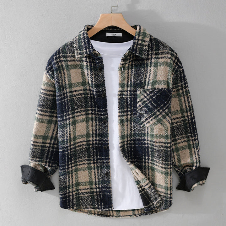 Herren Karierter Overshirt aus Teddyfleece mit aufgesetzter Brusttasche und verdeckter Knopfleiste Echoarchiv