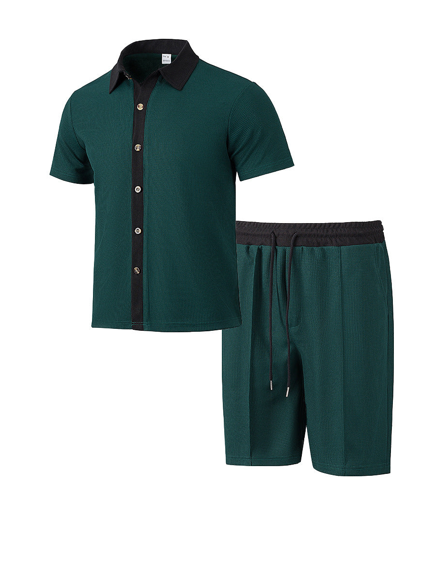 Herren nan modernes Freizeit-Set aus feinem Strukturjersey mit Hemdkragen-Knopfleiste und Kordel-Shorts Echo Archiv