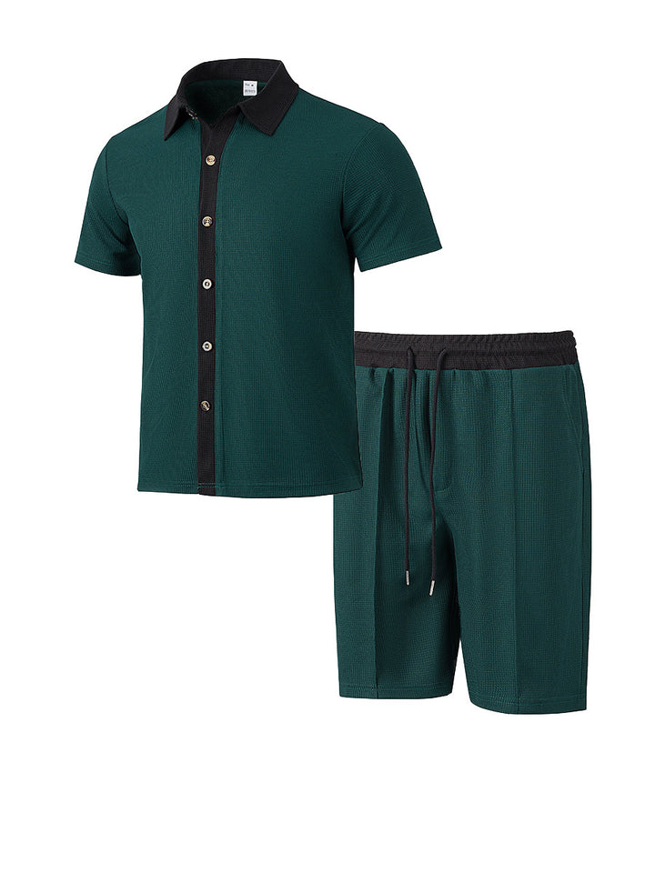 Herren nan modernes Freizeit-Set aus feinem Strukturjersey mit Hemdkragen-Knopfleiste und Kordel-Shorts Echo Archiv