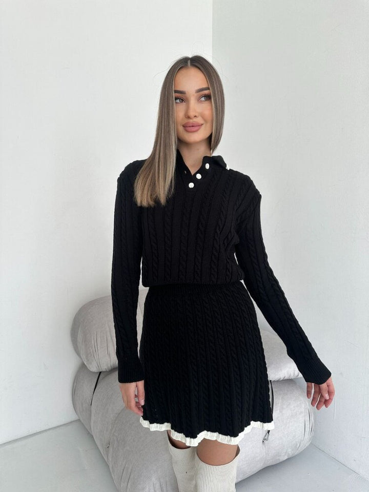 Damen nan Kabelstrick-Set mit Polo-Kragen und ausgestelltem A-Linien-Rock Echo Archiv