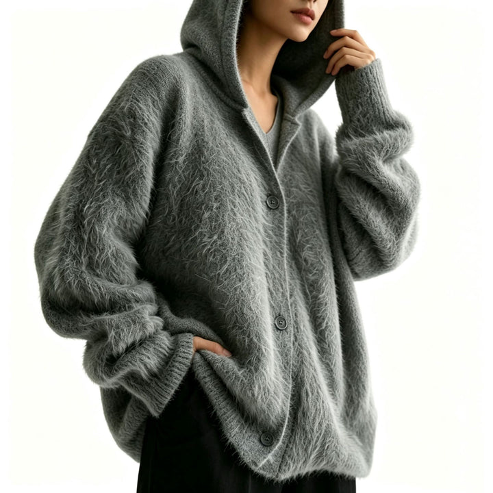 Damen Flauschiger Kapuzen-Cardigan im Mohair-Look mit Knopfleiste – Veloura