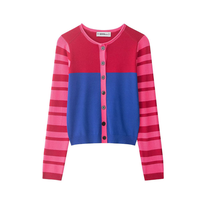 Damen Kurzgeschnittene Strickjacke mit Farbblock-Design und gestreiften Ärmeln Echo Archiv