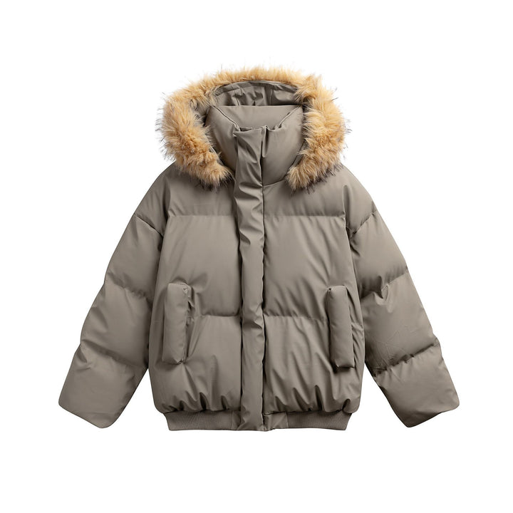 Damen Wattierte Kurzsteppjacke mit Kunstfellkapuze und geripptem Saum Echoarchiv