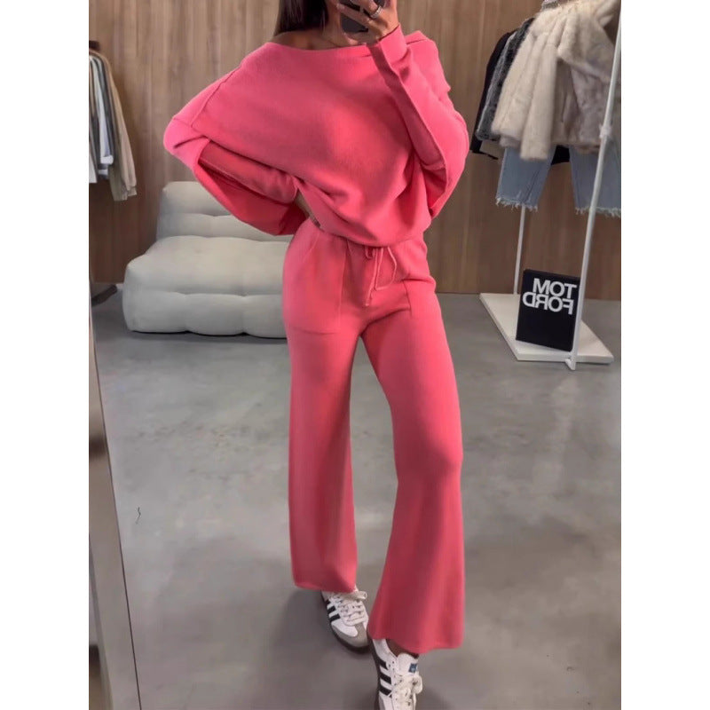 Damen Strick-Loungewear-Set mit Oversize-Schulter, weitem Bein und Kordelzug Echo Archiv