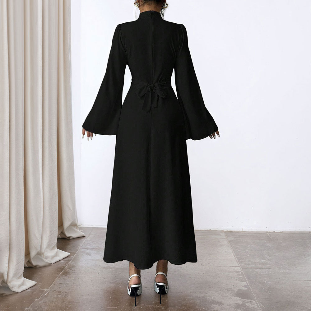 Damen elegantes Maxikleid mit Stehkragen, geraffter Taillenpartie und ausgestelltem A‑Linien‑Rock – Valéora