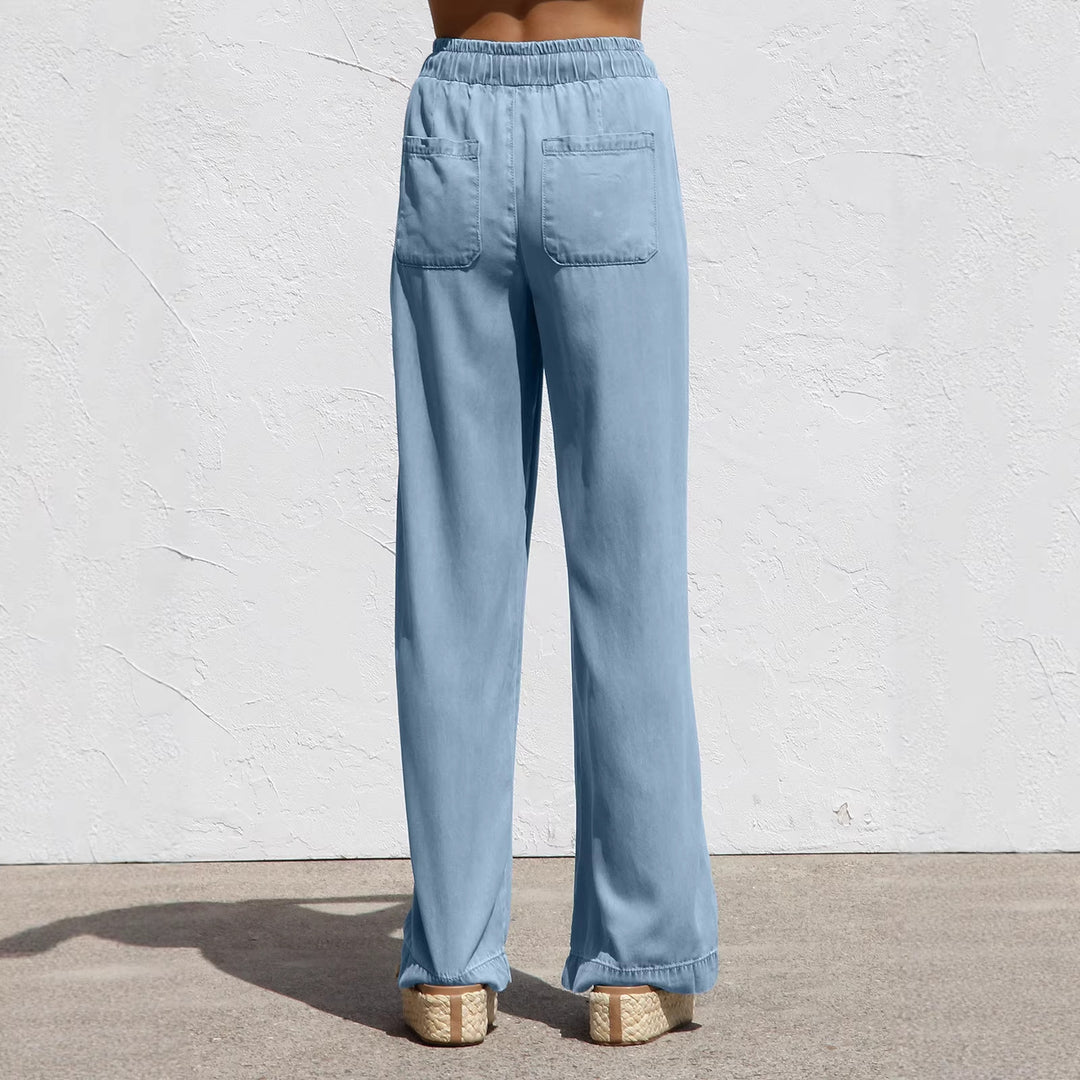 Damen nan weite Leinen-Optik Sommerhose mit elastischem Bund, Kordelzug und Seitentaschen Echo Archiv