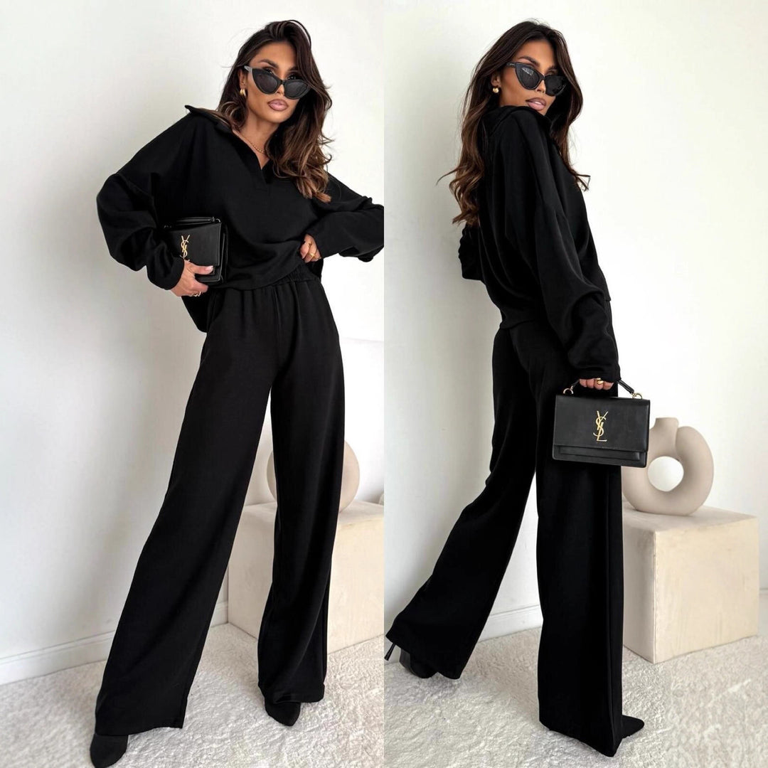 Damen Loungewear-Zweiteiler mit Hemdkragen-Cropped-Sweatshirt und weiter Palazzo-Hose – Élanora