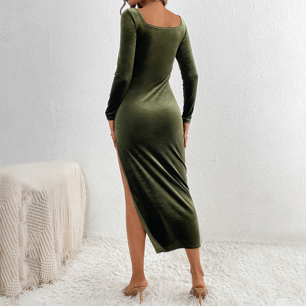 Damen figurbetontes Samt-Maxikleid mit langen Ärmeln, taillierter Silhouette und hohem Beinschlitz – Valéora