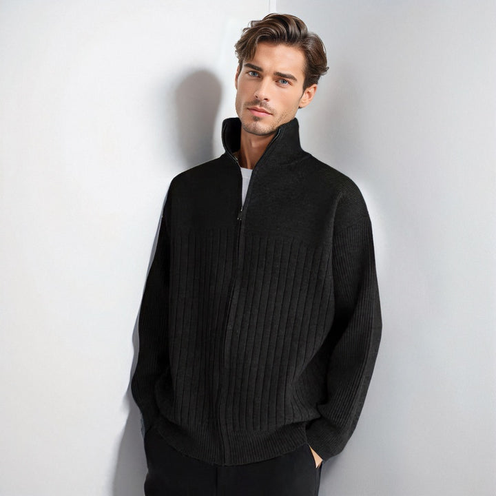 Herren Halbzip-Strickpullover mit hohem Stehkragen und breitem Rippenmuster Echoarchiv