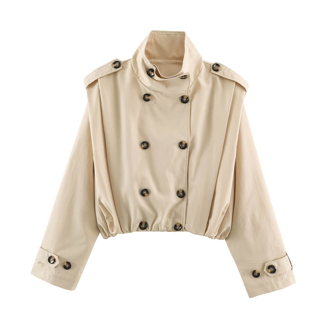 Damen Cropped-Trenchjacke im Blousonstil mit Stehkragen und doppelreihiger Knopfleiste Echoarchiv