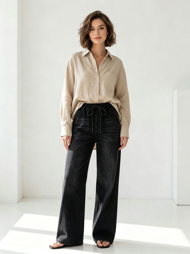 Damen nan Relaxed-Fit Denim-Hose mit elastischem Tunnelzugbund, dezentem Used-Effekt und weitem Bein Echo Archiv