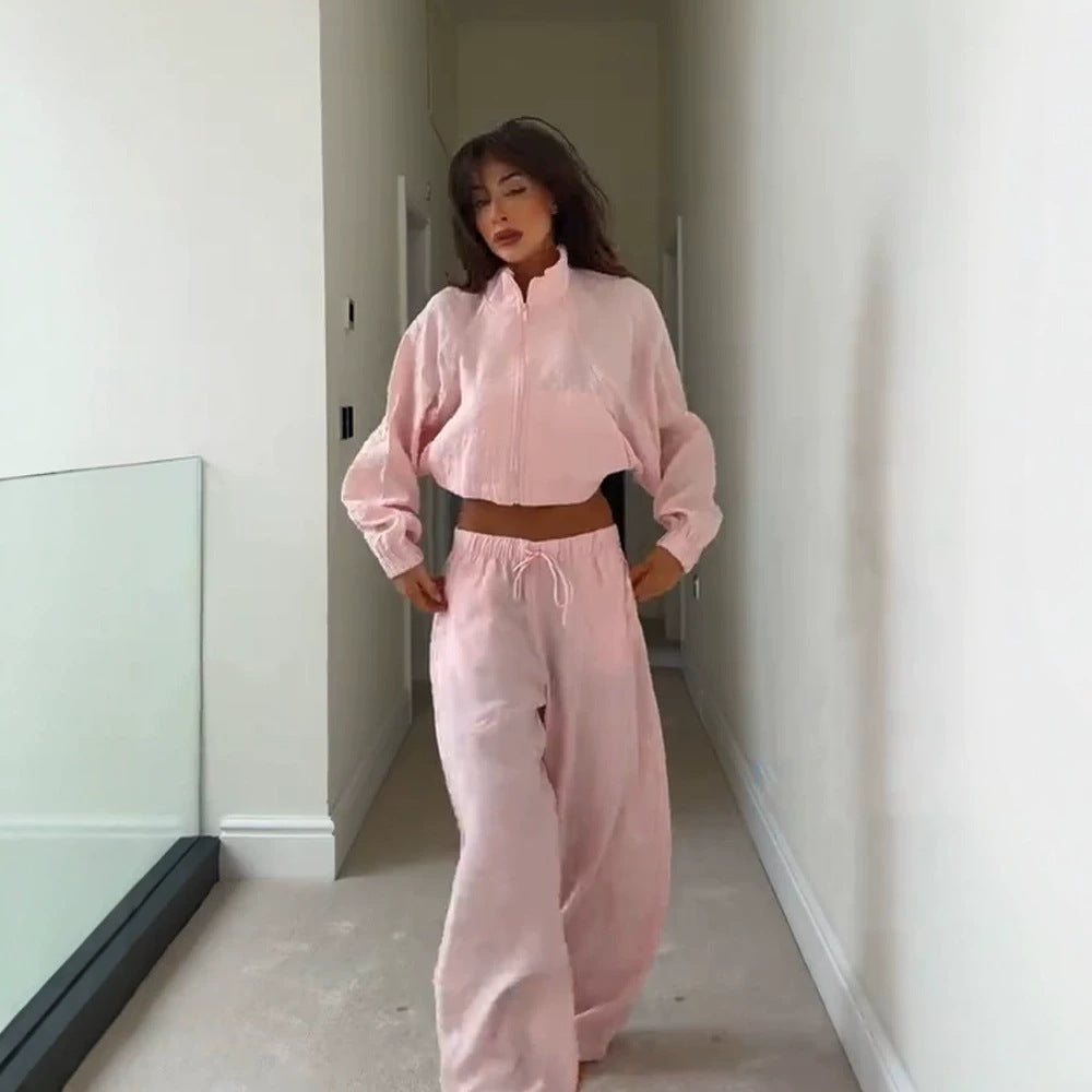 Damen Lässiges Satin-Trackset mit kurzem Reißverschluss-Top & weitem Tunnelzug-Hose Echoarchiv