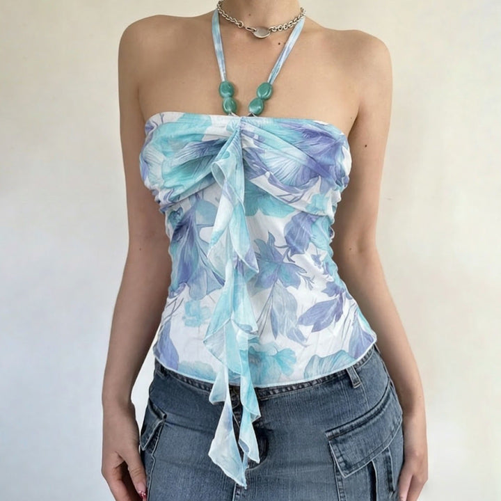 Damen Spaghetti-Trägertop mit floralen Einsätzen und transparenten Rüschen Echo Archiv