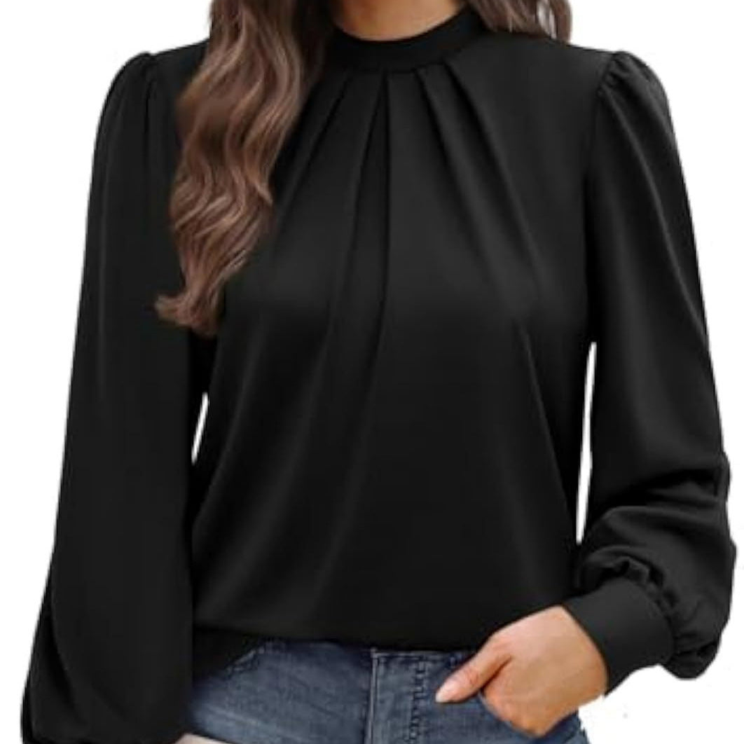 Damen Langärmelige Satinbluse mit Stehkragen, Brustfalten und gerippten Bündchen – Élovi