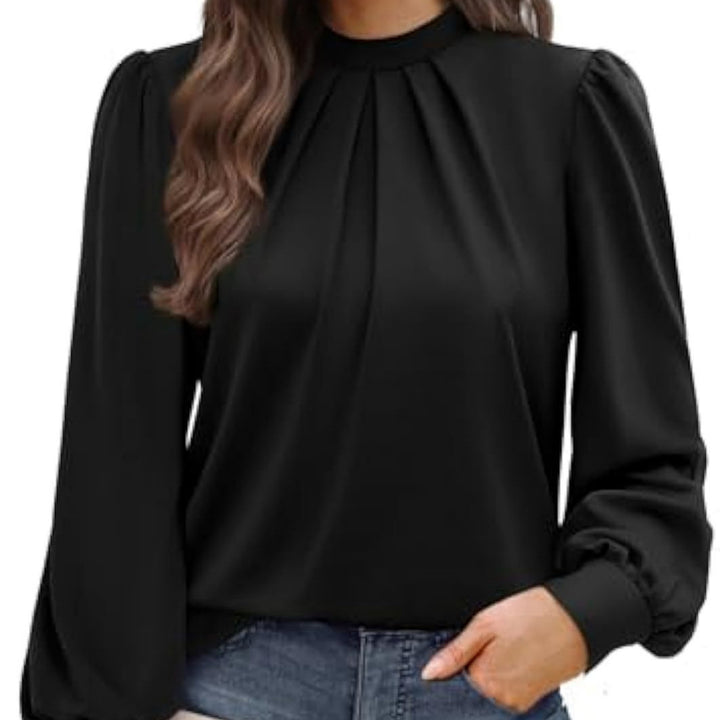 Damen Langärmelige Satinbluse mit Stehkragen, Brustfalten und gerippten Bündchen – Élovi