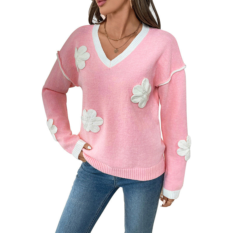Damen V-Ausschnitt Feinstrickpullover mit dreidimensionalen Blütenapplikationen Echoarchiv