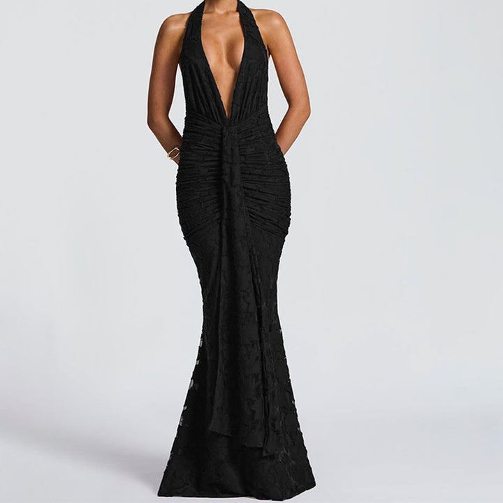 Damen Elegantes, figurbetontes Abendkleid mit tiefem V-Ausschnitt und Rüschendetails Echo Archiv