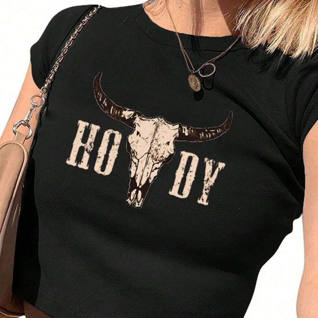 Damen Crop-T-Shirt mit kreativen Cow Skull Design Echo Archiv