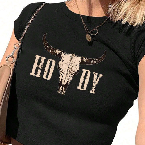 Damen Crop-T-Shirt mit kreativen Cow Skull Design Echo Archiv