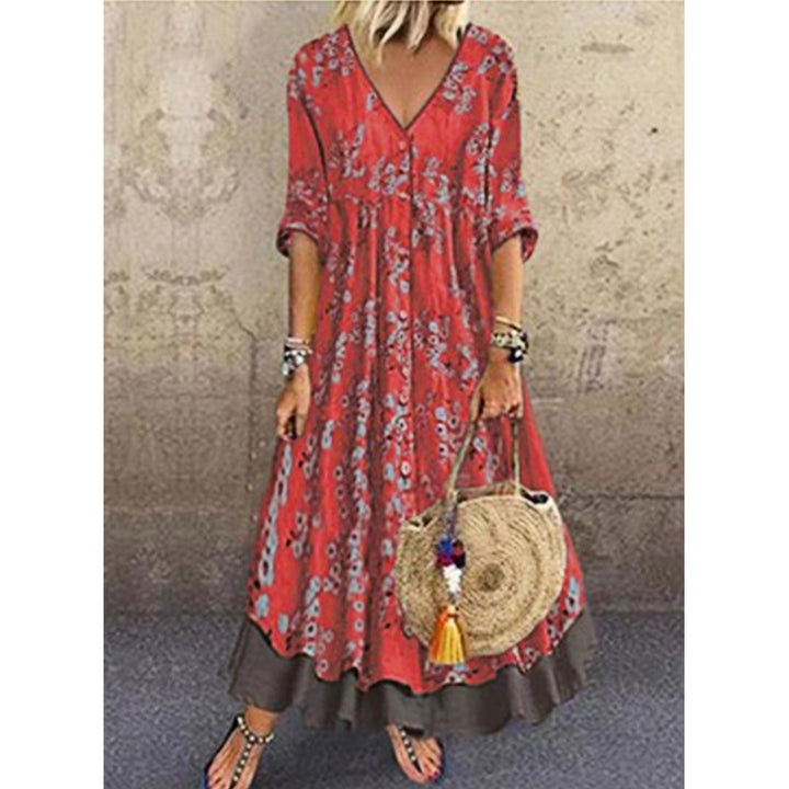 Damen Maxikleid im Boho‑Stil mit V‑Ausschnitt, durchgehender Knopfleiste und Stufenrock – Valéora