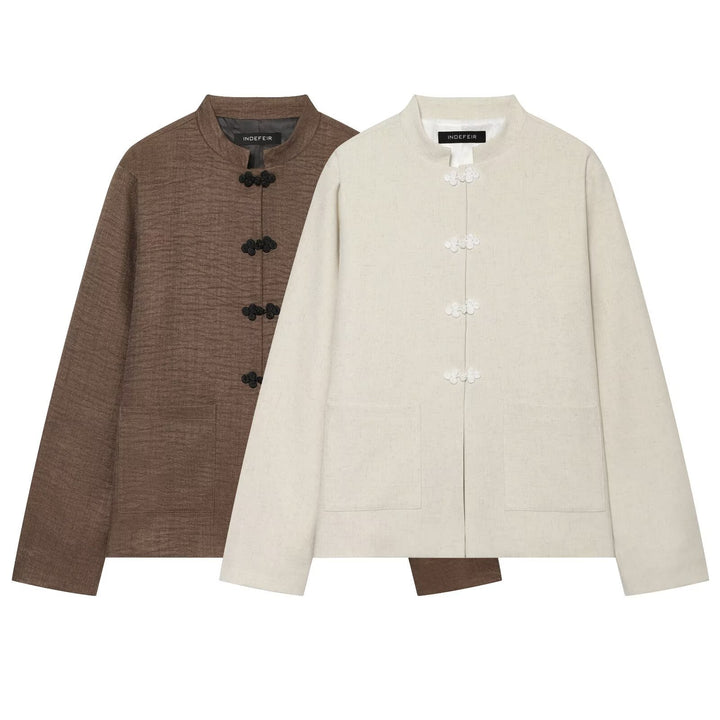 Damen Boxy-Cropped Leinenjacke mit Stehkragen und Froschverschlüssen Echo Archiv