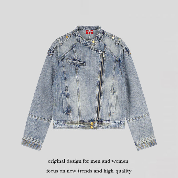 Damen asymmetrische Jeansjacke im Bikerstil mit Stehkragen und diagonalem Reißverschluss Echoarchiv