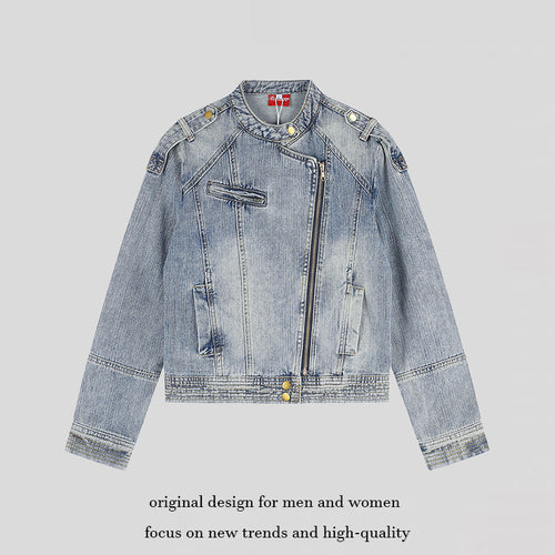 Damen asymmetrische Jeansjacke im Bikerstil mit Stehkragen und diagonalem Reißverschluss Echoarchiv