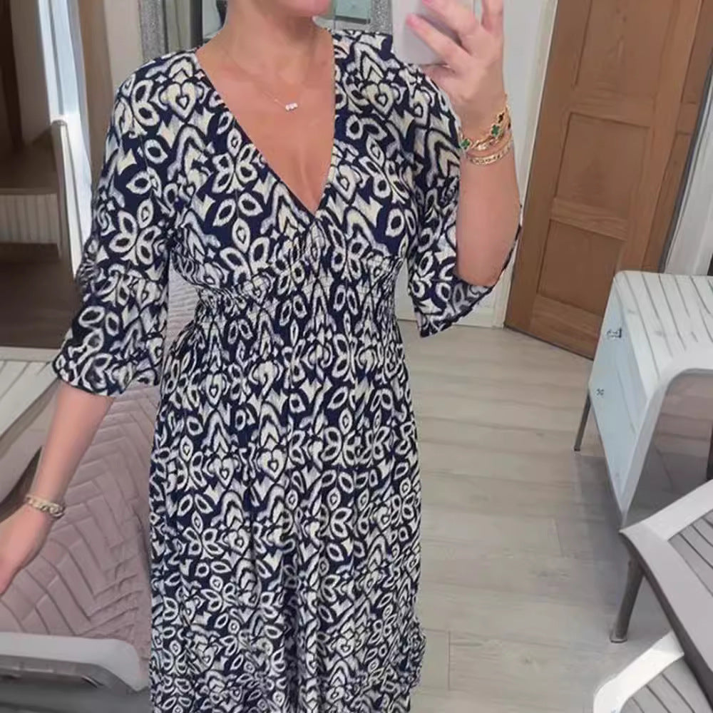 Damen Maxikleid mit V-Ausschnitt und weit ausgestellten Ärmeln Echo Archiv