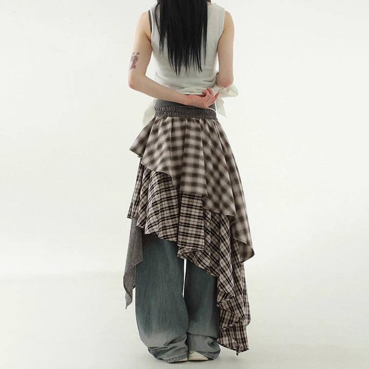 Damen asymmetrischer Wickelrock mit Karomuster und breitem Bindegürtel Echo Archiv