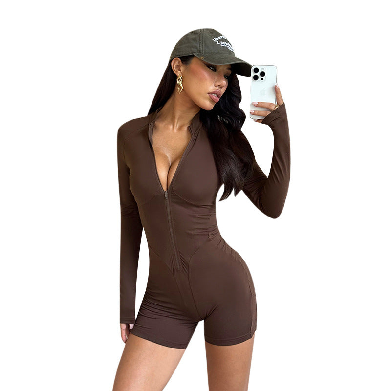 Damen figurausgleichender Langarm-Jumpsuit mit tiefem Ausschnitt und Reißverschluss Echo Archiv
